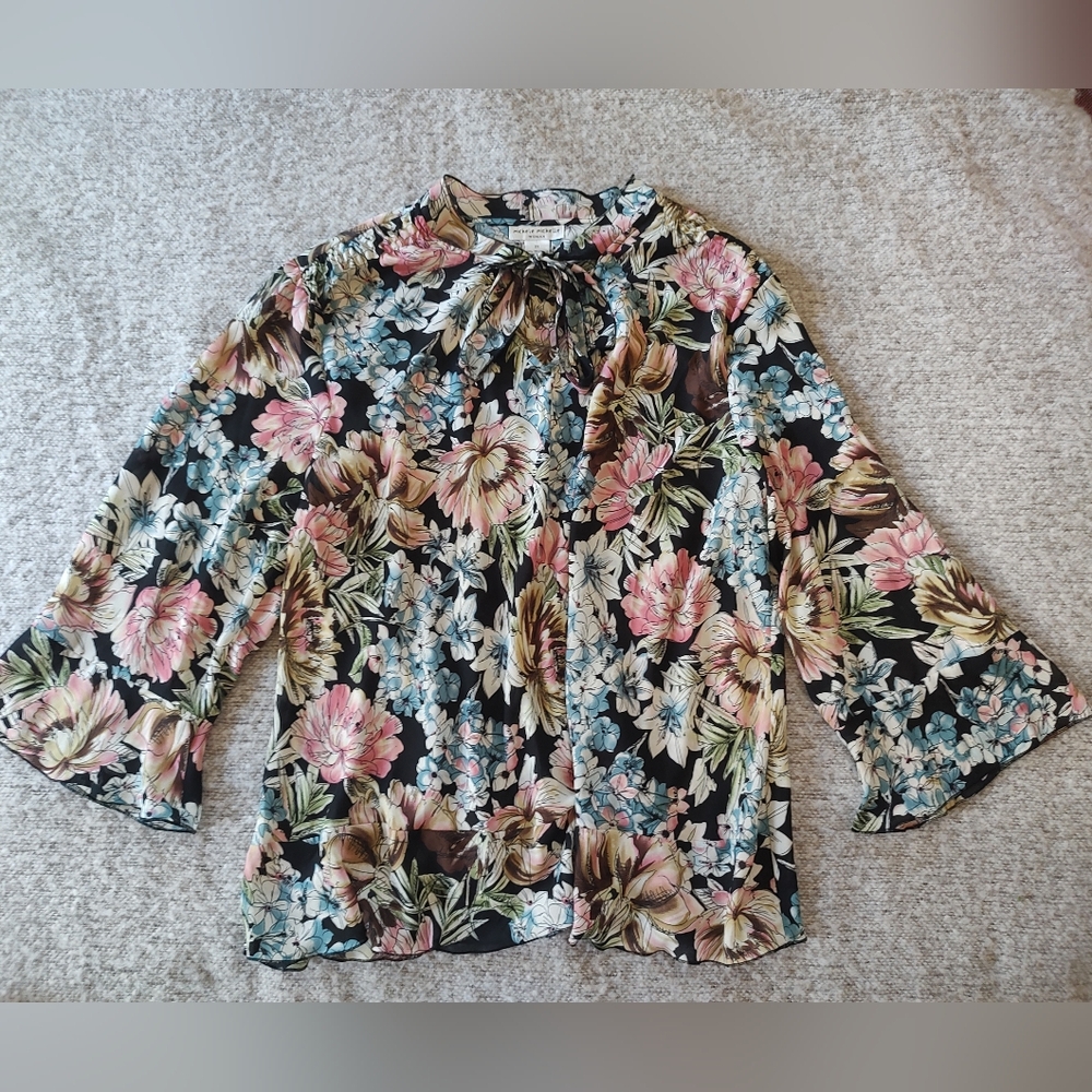 Michele Michelle Floral Tie-Neck Blouse Black Multi 2X